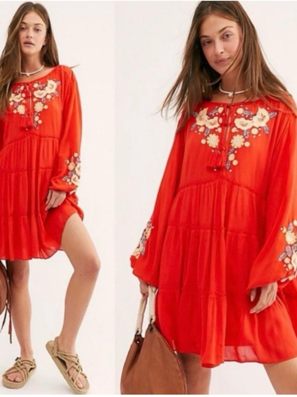 Free People Spell On You-  poppy red floral embroidered peasant mini dress